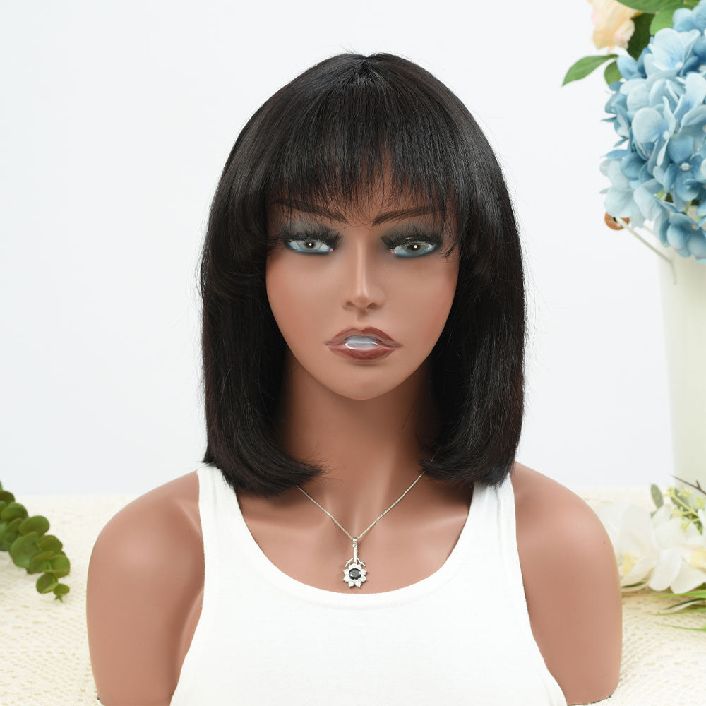 Short Bob Human Hair Wigs with Bangs None Lace Front Wigs Straight Hair Machine Made Bob Wig