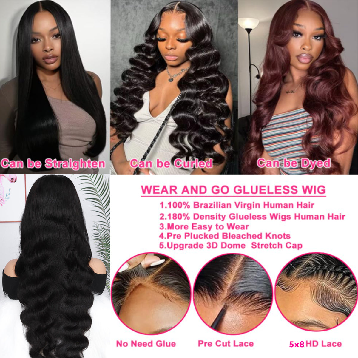 Wear and Go 8x5 Lace Closure Glueless Wigs Human Hair Pre Cut Body Wave Lace Front Wigs