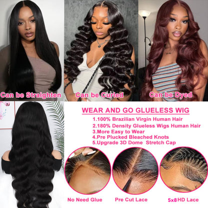 Wear and Go 8x5 Lace Closure Glueless Wigs Human Hair Pre Cut Body Wave Lace Front Wigs