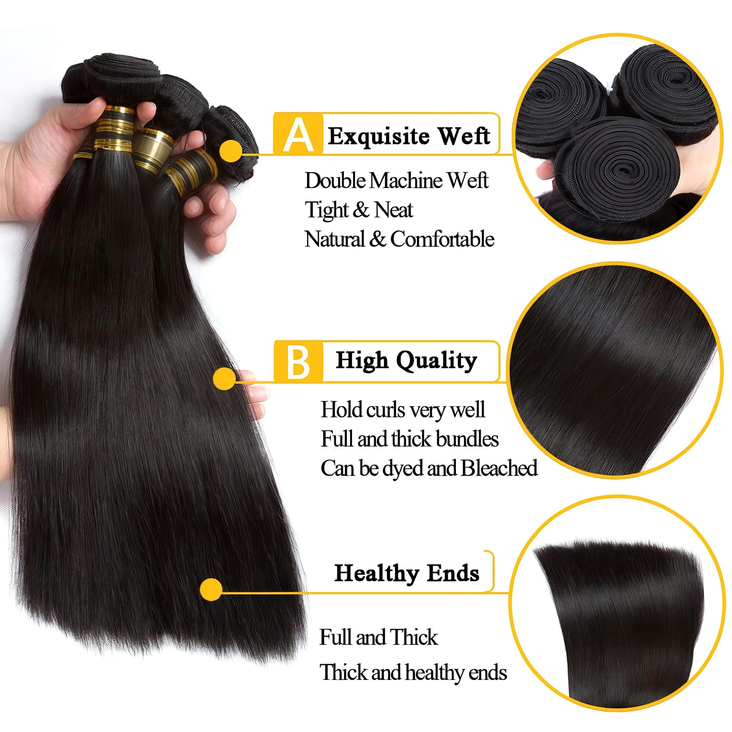 14A Straight Human Hair Bundles Natural Black Color Unprocessed Virgin Human Hair