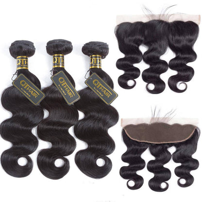 Malaysian Hair Weave 13x4 Transparent Lace Frontal with 3 Bundles Body Wave