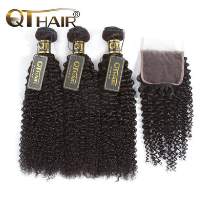 Indian Jerry Curly 3 Bundles with 4x4 Lace Closure Virgin Human Hair Extensions