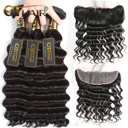 Indian Loose Deep Wave Virgin Hair Lace Frontal Closure With 3Bundles