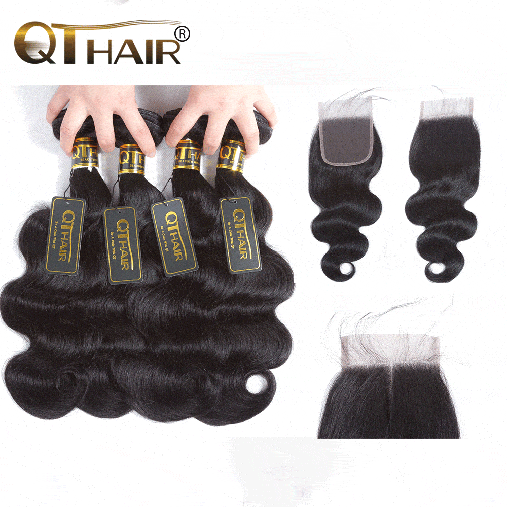 Peruvian Body Wave 100% Virgin Human Hair 4 Bundles with Lace Closure Pre Plucked