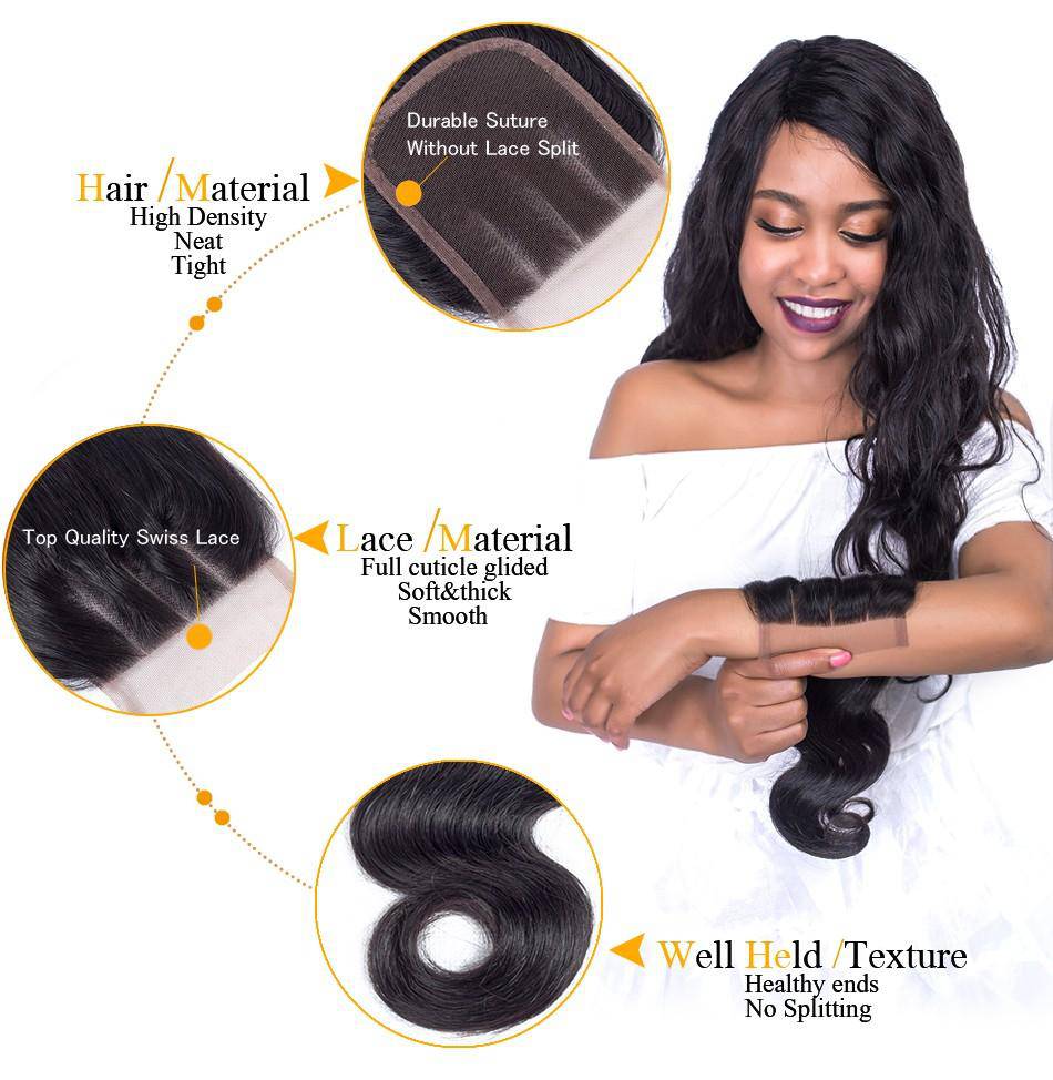 Peruvian Body Wave 100% Virgin Human Hair 4 Bundles with Lace Closure Pre Plucked