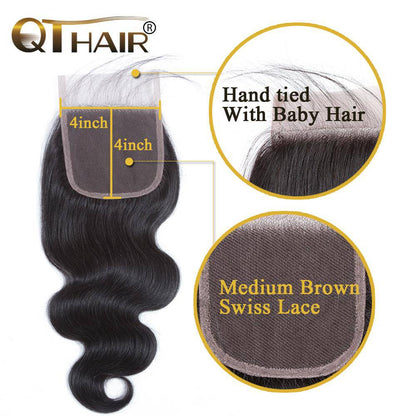 Indian Raw Hair Body Wave 4 Bundles Virgin Human Hair Weave with Lace Closure