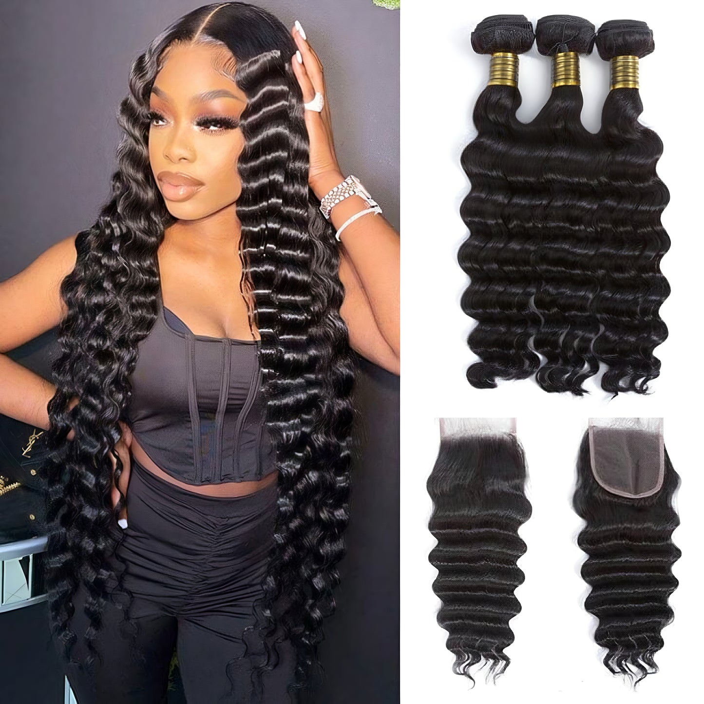 Loose Deep Wave Human Hair Bundles with Swiss Lace Closure