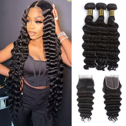 Loose Deep Wave Human Hair Bundles with Swiss Lace Closure