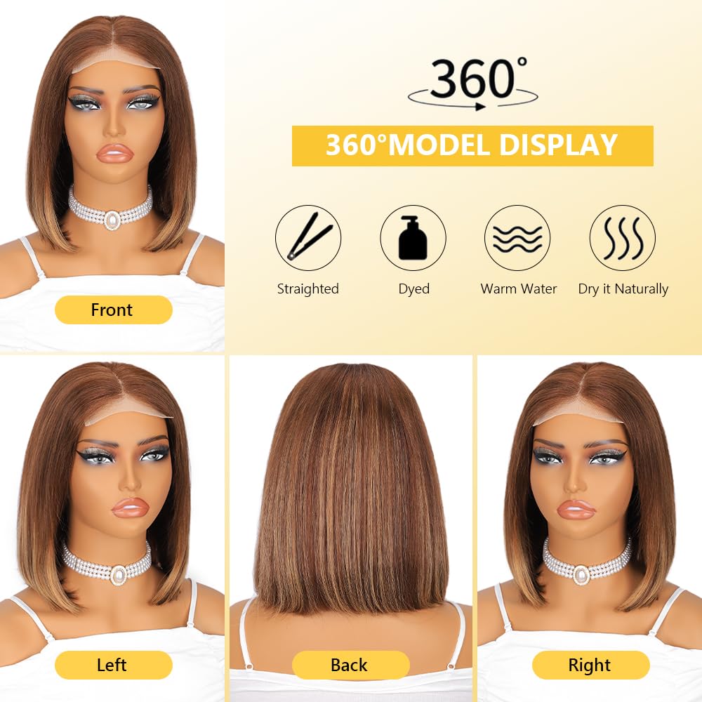 Highlight 4x4 HD Lace Front Wigs Ombre 4/27 Human Hair Lace Closure Bob Wigs