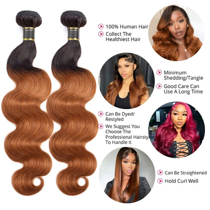 1B/30 Body Wave 3 Bundles with Lace Closure Dark Roots Ombre Human Hair