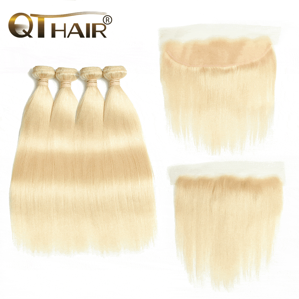 QT 14A #613 Blonde Straight Hair 4 Bundles with Lace Frontal Platinum Blonde Human Hair