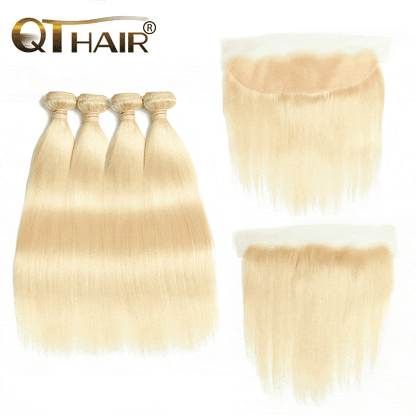 QT 14A #613 Blonde Straight Hair 4 Bundles with Lace Frontal Platinum Blonde Human Hair