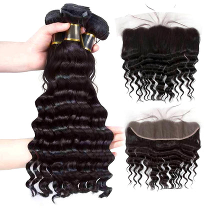 Loose Deep Wave 3 Bundles with Lace Frontal Virgin Human Hair Extensions