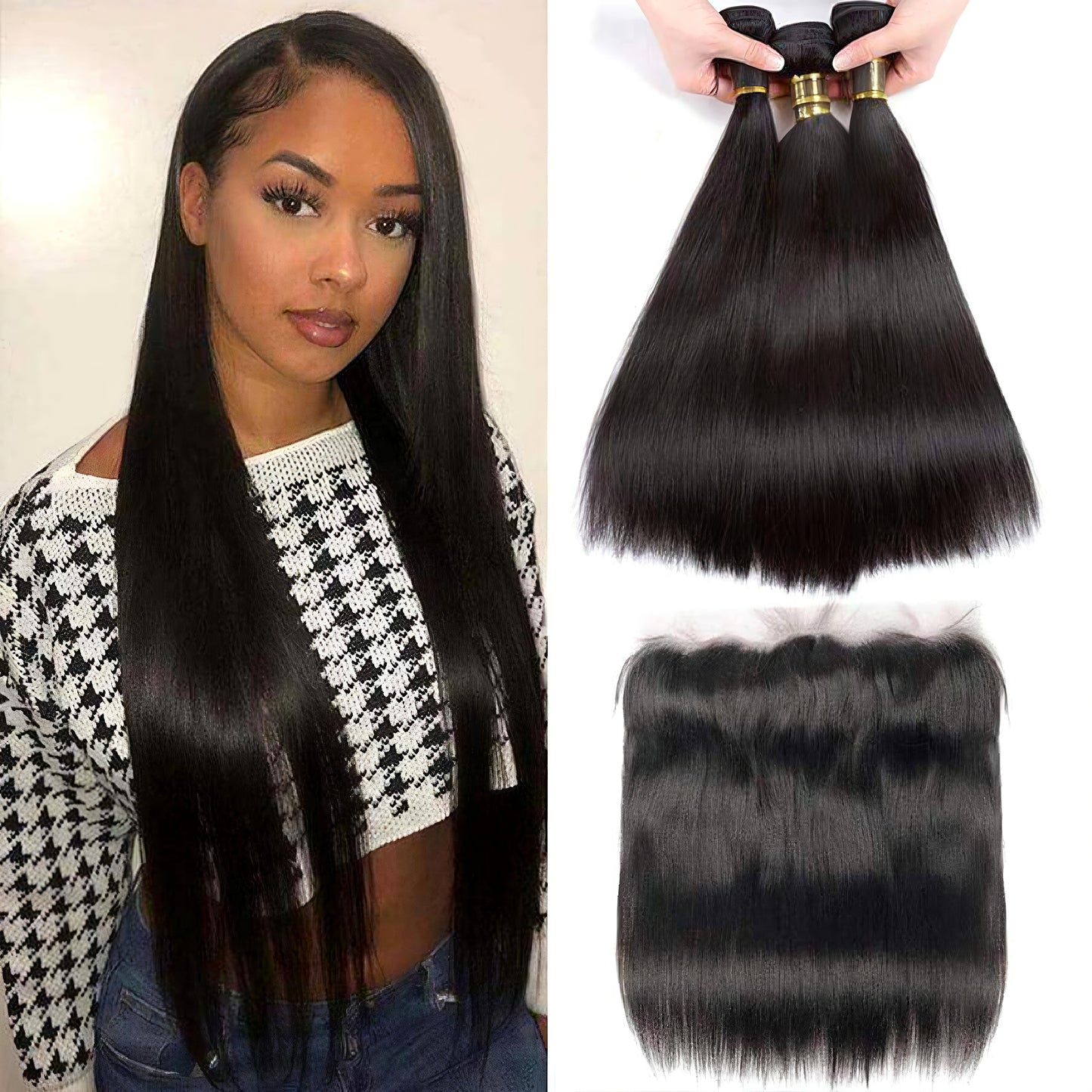 Hair Virgin Straight Human Hair Bundles with Lace Frontal Closure