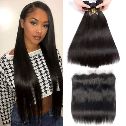 Hair Virgin Straight Human Hair Bundles with Lace Frontal Closure