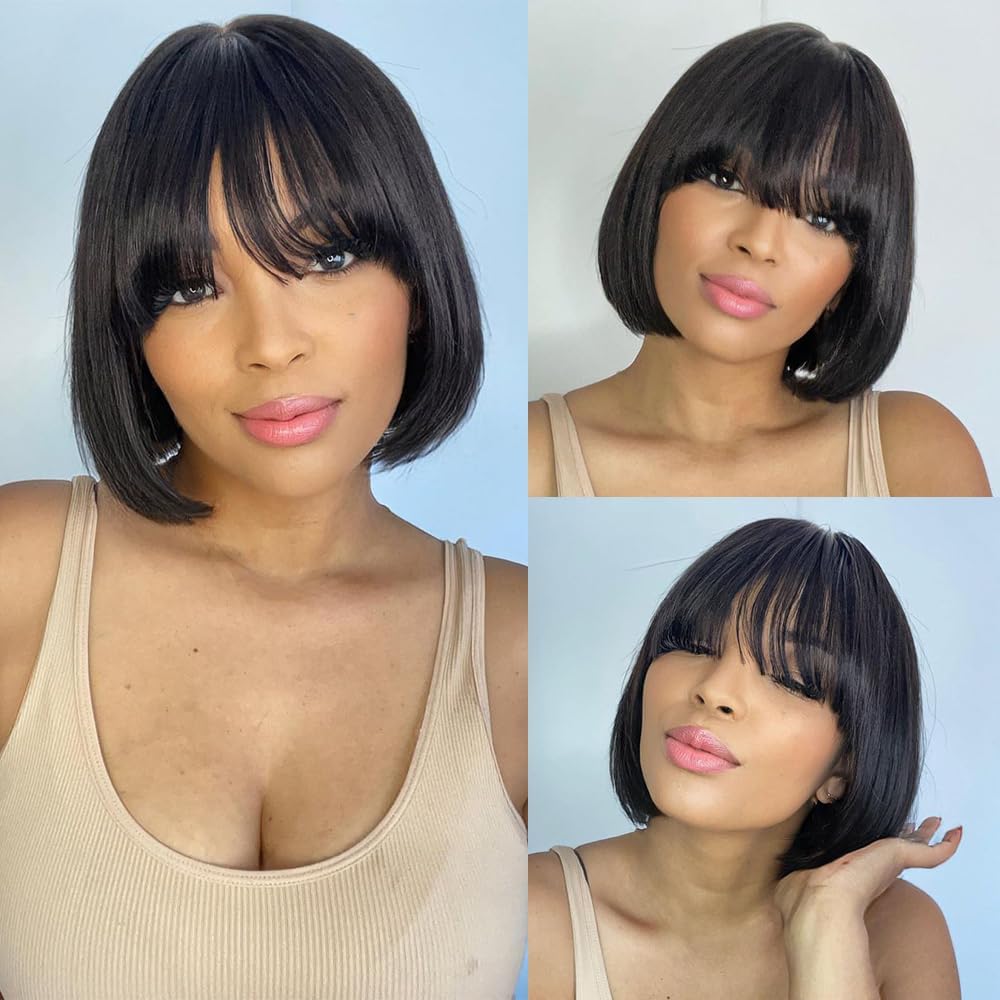 Short Bob Human Hair Wigs with Bangs None Lace Front Wigs Straight Hair Machine Made Bob Wig