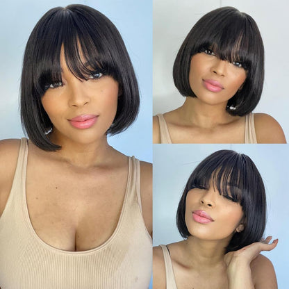 Short Bob Human Hair Wigs with Bangs None Lace Front Wigs Straight Hair Machine Made Bob Wig