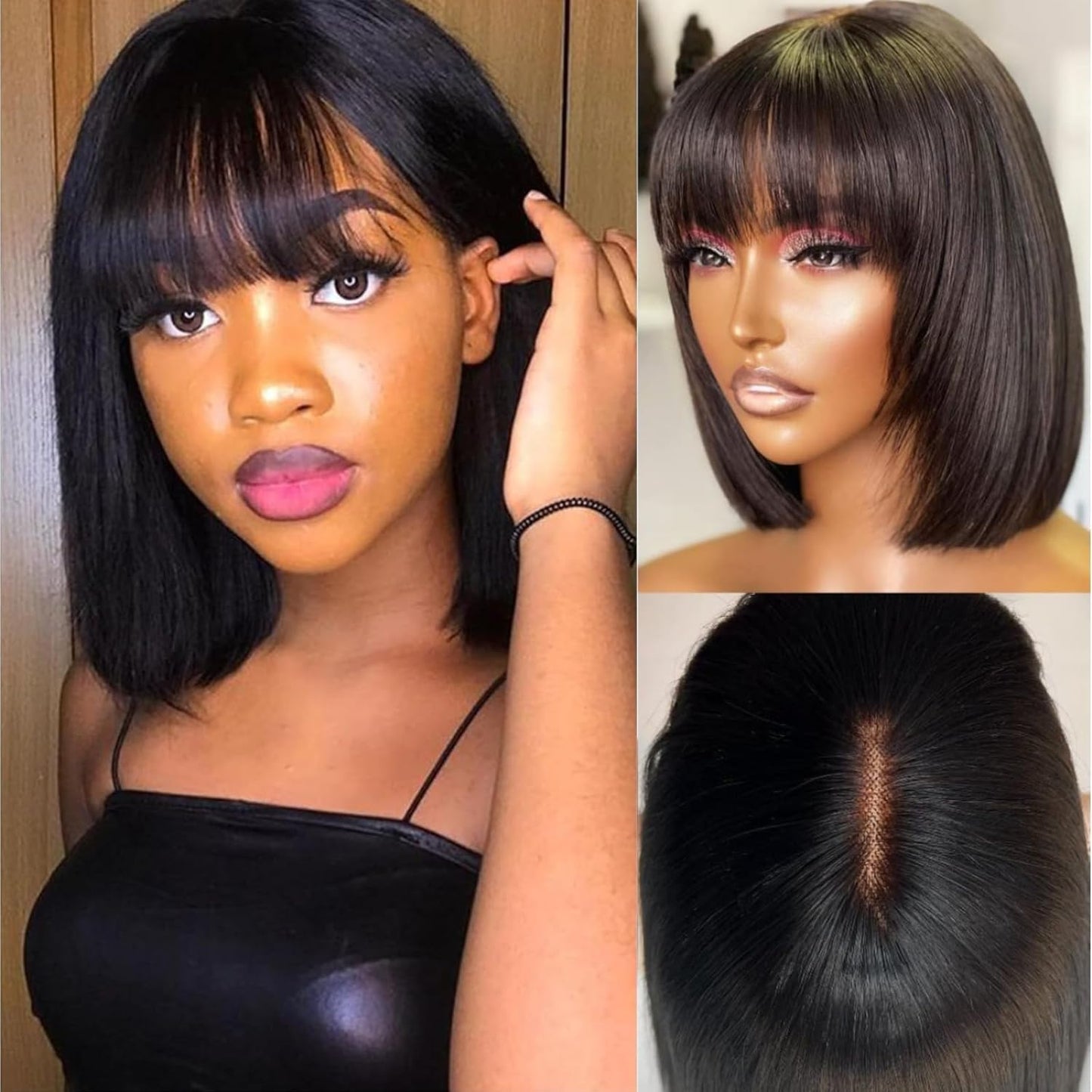 Short Bob Human Hair Wigs with Bangs None Lace Front Wigs Straight Hair Machine Made Bob Wig