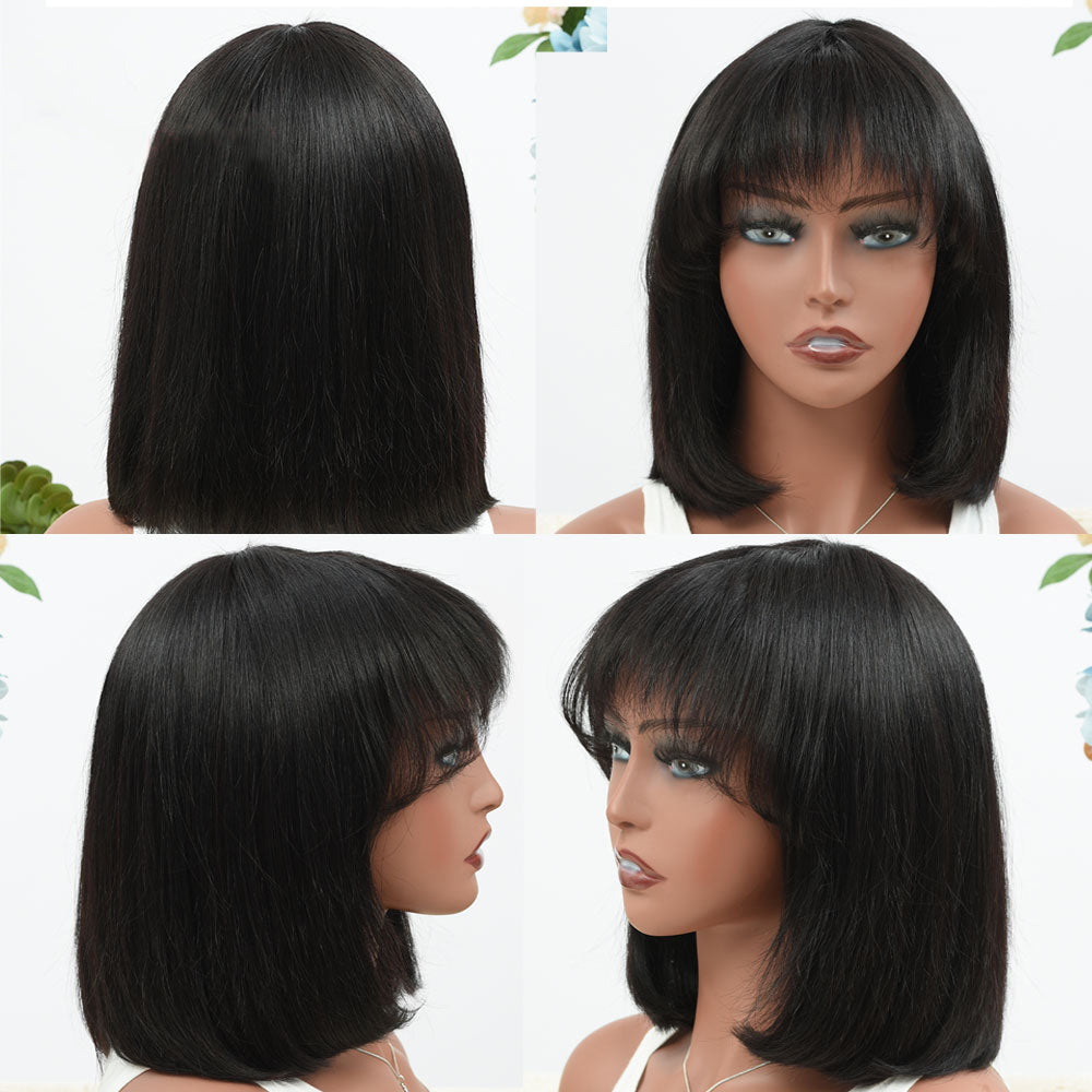 Short Bob Human Hair Wigs with Bangs None Lace Front Wigs Straight Hair Machine Made Bob Wig