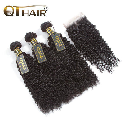 Malaysian Curly Human Hair Extensions 3 Bundles With Lace Closure
