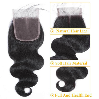Indian Body Wave Virgin Human Hair 3 Bundles with 4x4 Lace Closure