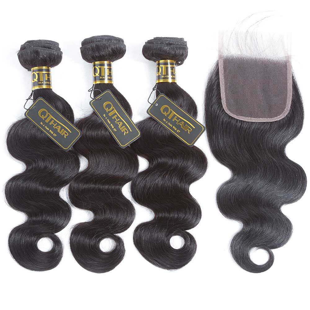 Malaysian Body Wave Virgin Human Hair Weave 3 Bundles with 4x4 Lace Closure