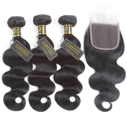 Malaysian Body Wave Virgin Human Hair Weave 3 Bundles with 4x4 Lace Closure