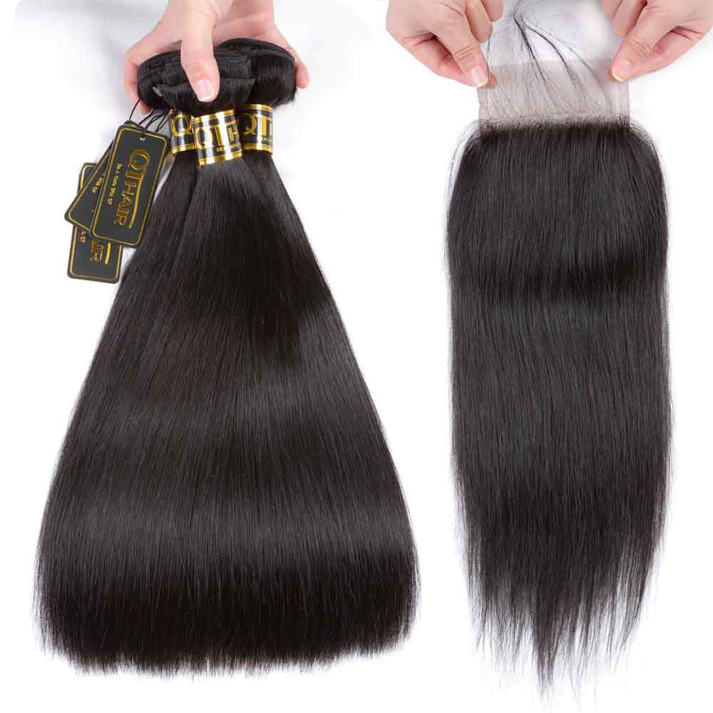 Malaysian Virgin Human Hair 3 Bundles Straight Hair with 4x4 Lace Closure