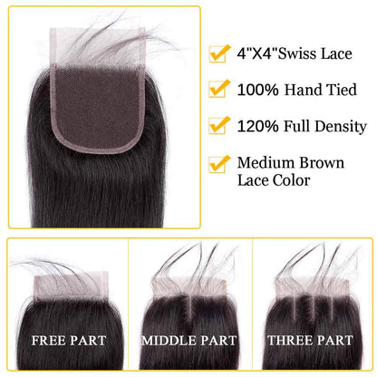 QT Hair Brazilian Virgin Straight Human Hair Bundles with Lace Frontal Closure