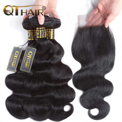 QT Hair Brazilian Body Wave Raw Virgin Human Hair Weave Bundles with Closure