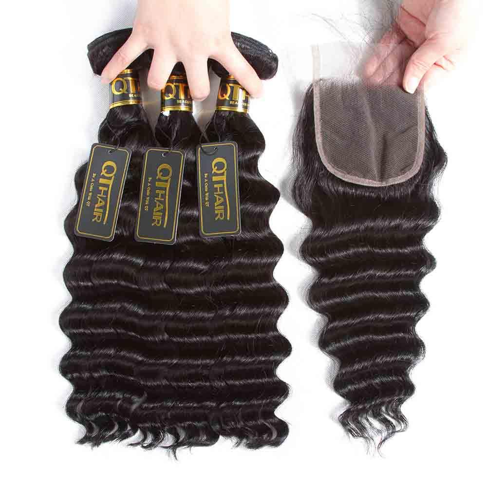 QT Hair Brazilian Loose Deep Wave Human Hair Bundles with Swiss Lace Closure