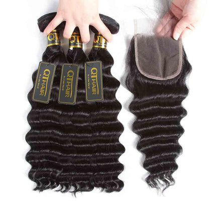 QT Hair Brazilian Loose Deep Wave Human Hair Bundles with Swiss Lace Closure