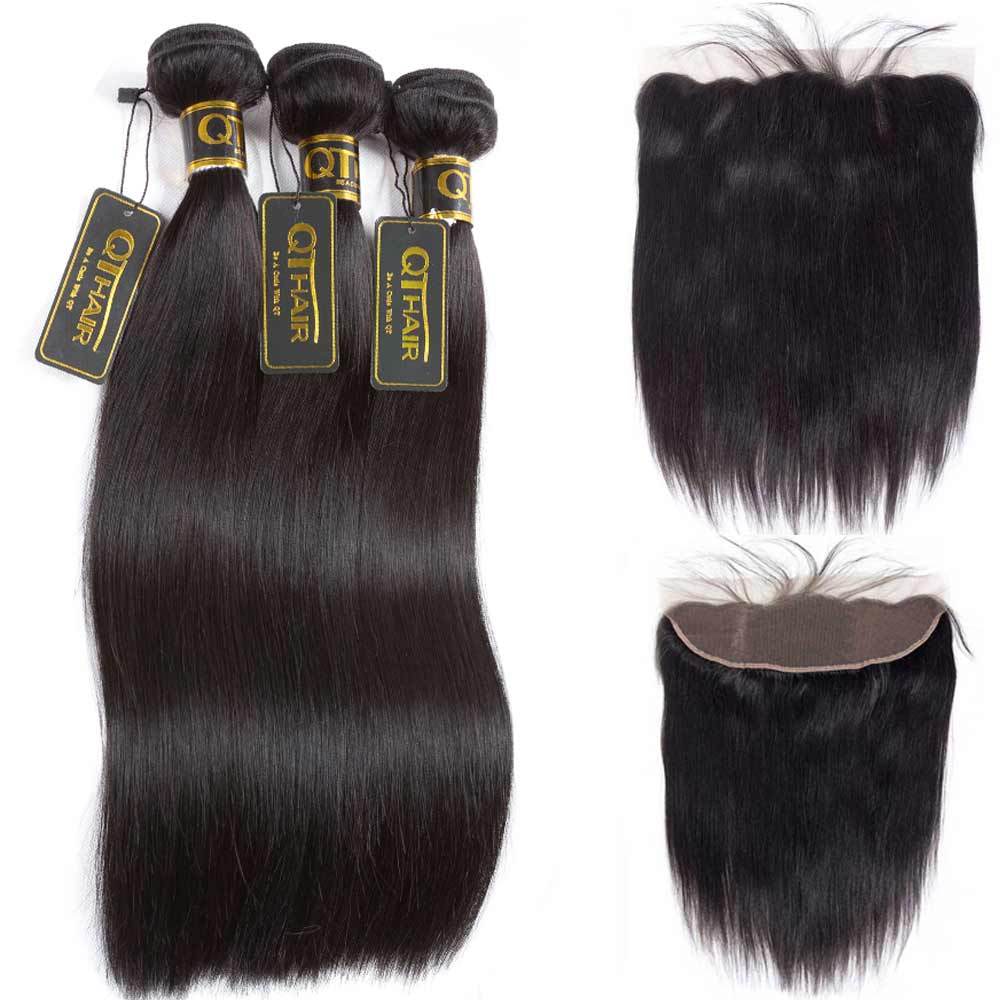 Brazilian Straight Human Hair Weave 3 Bundles with 13x4 Lace Frontal Natural Color