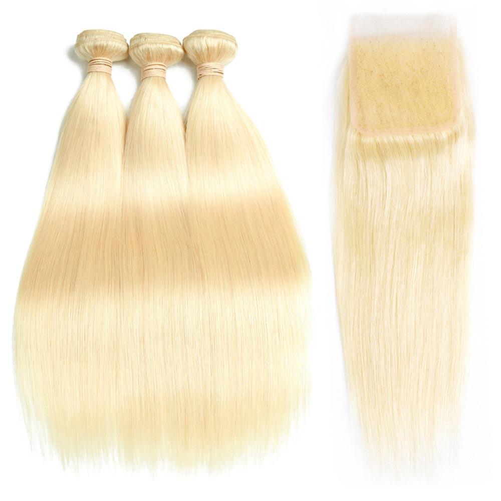 QT 613 Blond Straight Hair 3 Bundles with 4x4 Lace Closure Human Hair
