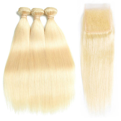 QT 613 Blond Straight Hair 3 Bundles with 4x4 Lace Closure Human Hair