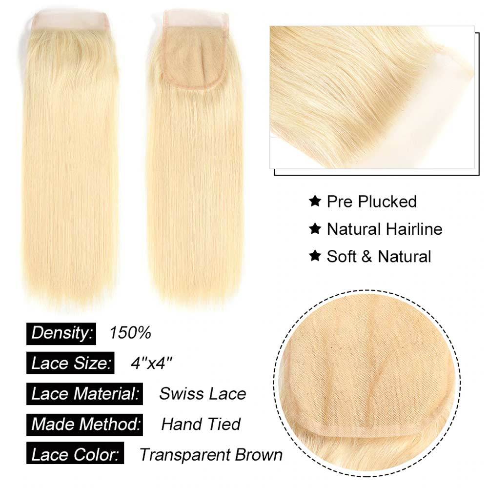 QT 613 Blond Straight Hair 3 Bundles with 4x4 Lace Closure Human Hair