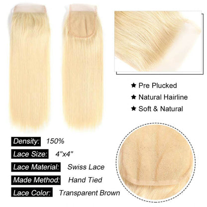 QT 613 Blond Straight Hair 3 Bundles with 4x4 Lace Closure Human Hair