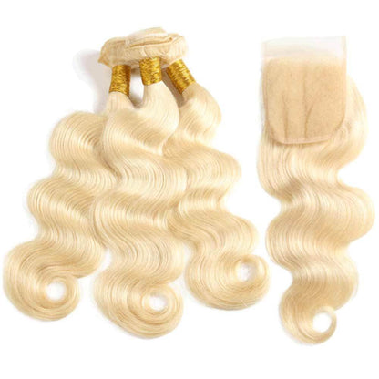 QT 14A Body Wave #613 Color Honey Blonde Hair 4 Bundles with 4x4 Lace Closure