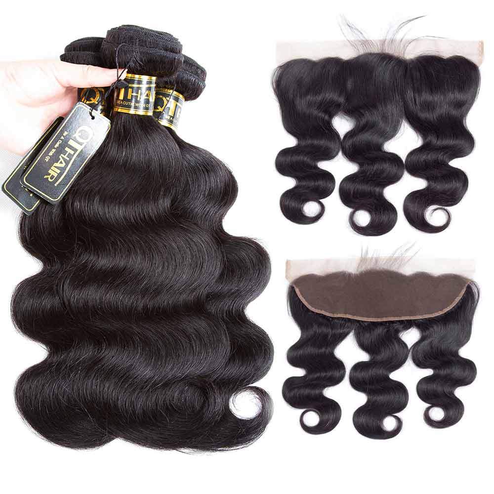 QT 14A Body Wave Human Hair Bundles with 13x4 Lace Frontal 100% Virgin Hair Weave