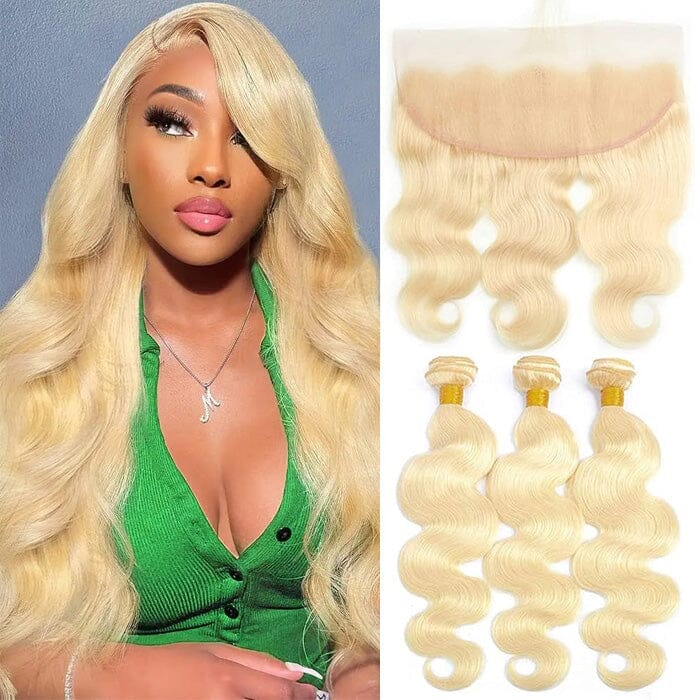 613 Honey Blonde Color Human Hair 3 Bundles with 13x4 Lace Frontal Body Wave