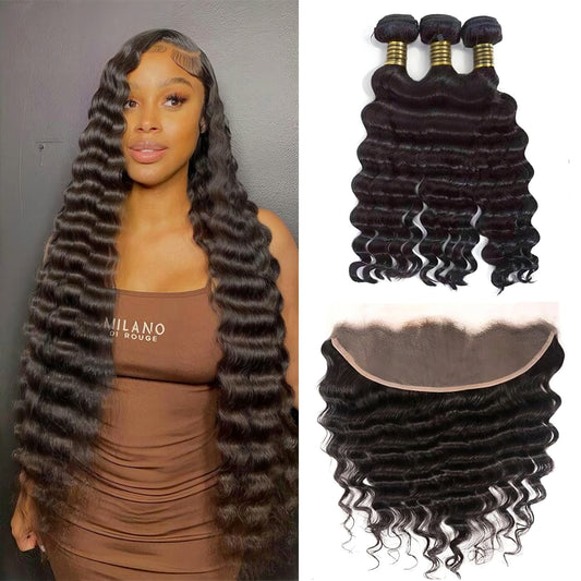 Loose Deep Wave 3 Bundles with Lace Frontal Virgin Human Hair Extensions
