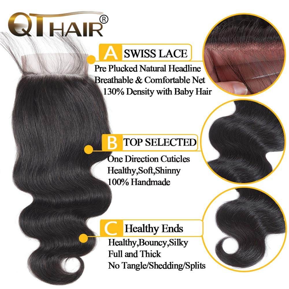 QT Hair Brazilian Body Wave Raw Virgin Human Hair Weave Bundles with Closure