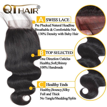 QT Hair Brazilian Body Wave Raw Virgin Human Hair Weave Bundles with Closure