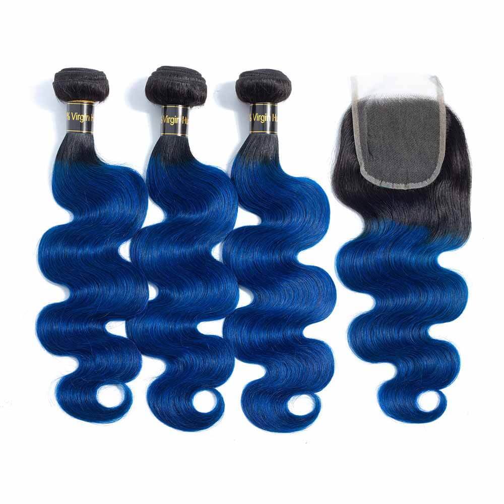 1B/Blue Body Wave Human Hair 3 Bundles with Closure 2 Tone Ombre Human Hair