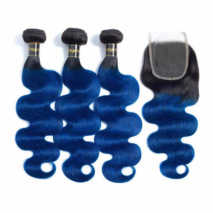 1B/Blue Body Wave Human Hair 3 Bundles with Closure 2 Tone Ombre Human Hair