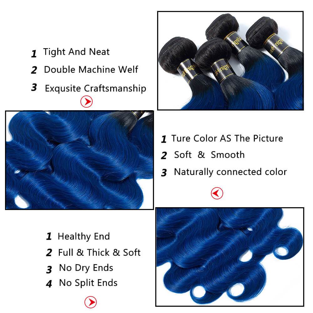 1B/Blue Body Wave Human Hair 3 Bundles with Closure 2 Tone Ombre Human Hair