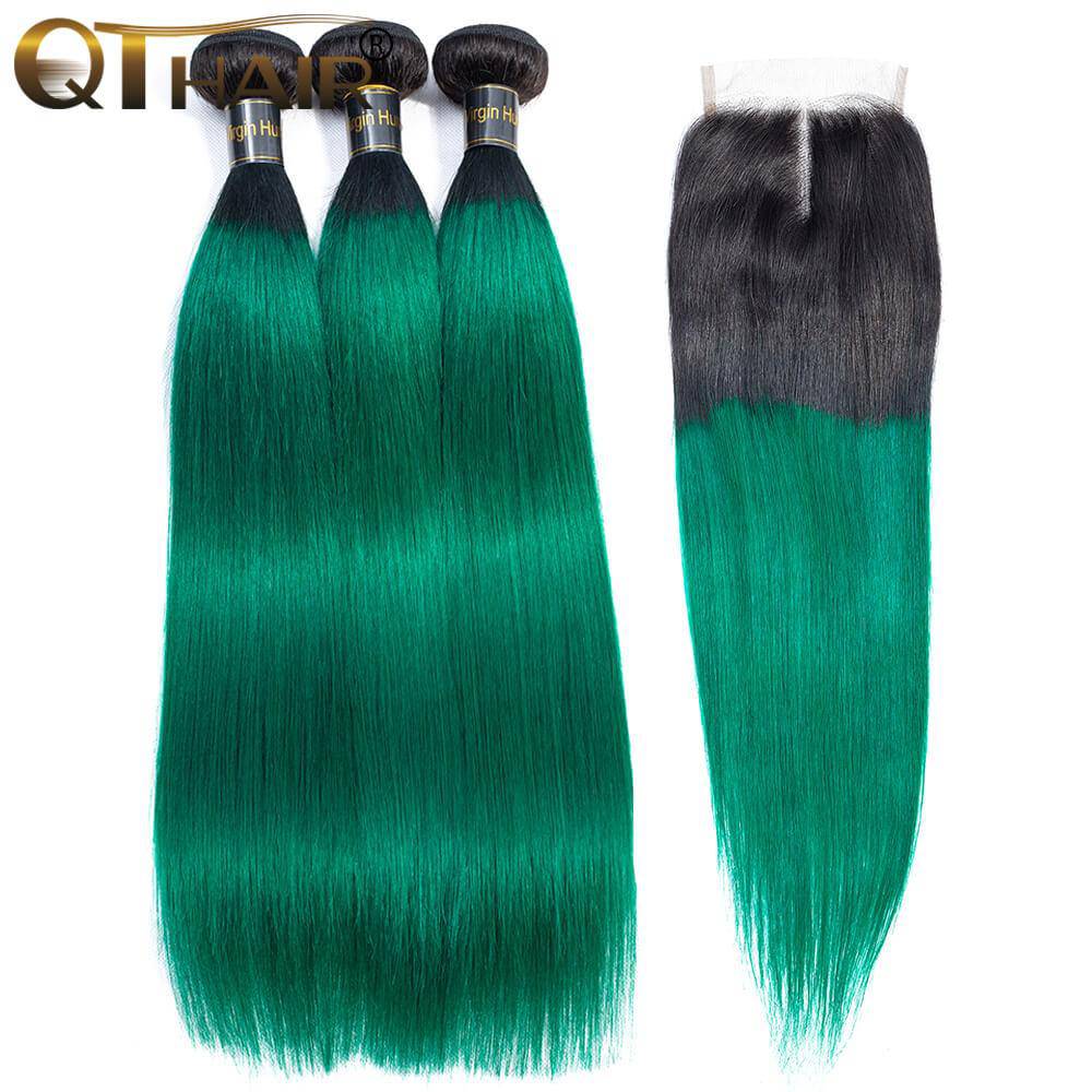 1B/Green Ombre Hair Staight 3 Bundles with Closure Dark Roots Turquoise Human Hair