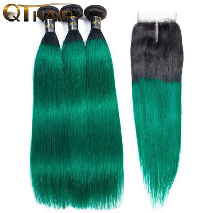 1B/Green Ombre Hair Staight 3 Bundles with Closure Dark Roots Turquoise Human Hair