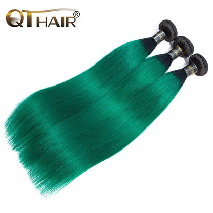 1B/Green Ombre Hair Staight 3 Bundles with Closure Dark Roots Turquoise Human Hair