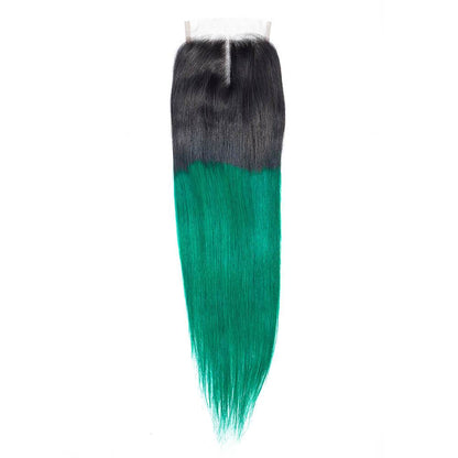 1B/Green Ombre Hair Staight 3 Bundles with Closure Dark Roots Turquoise Human Hair